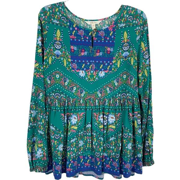 Matilda Jane Tops - Matilda Jane Women Floral Patchwork Long Sleeve Boho Hippie Green Top Medium